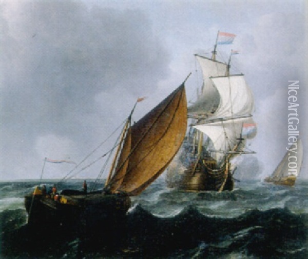 A Wijdschip Running Before The Wind While A Merchantman Fires A Salute, In A Stiff Breeze Oil Painting - Aernout (Johann Arnold) Smit