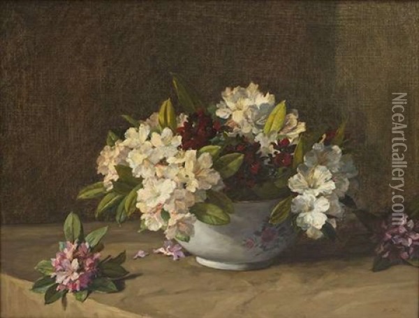 Still Life With Rhododendrons And Famille Rose Bowl Oil Painting - Hans (Jean) Iten