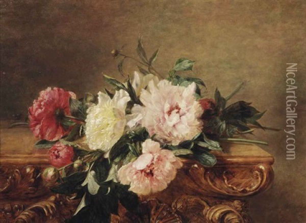 Red, White And Pink Peonies On A Decorated Marble Ledge Oil Painting - Adriana Johanna Haanen