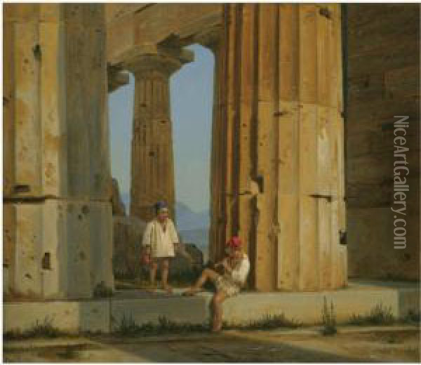 Neptuns Tempel Ved Pestum (the Temple Of Poseidon, Paestum) Oil Painting - Constantin Hansen