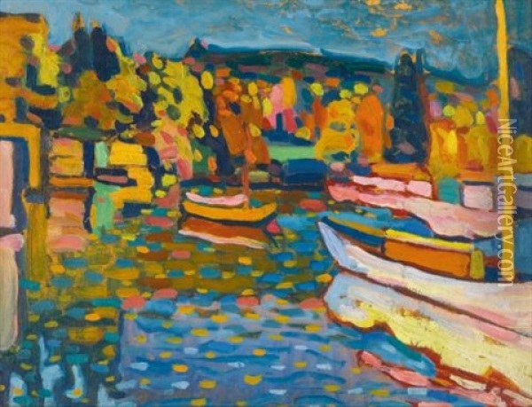 Studie Fur Herbstlandschaft Mit Booten (study For Autumn Landscape With Boats) Oil Painting - Wassily Kandinsky