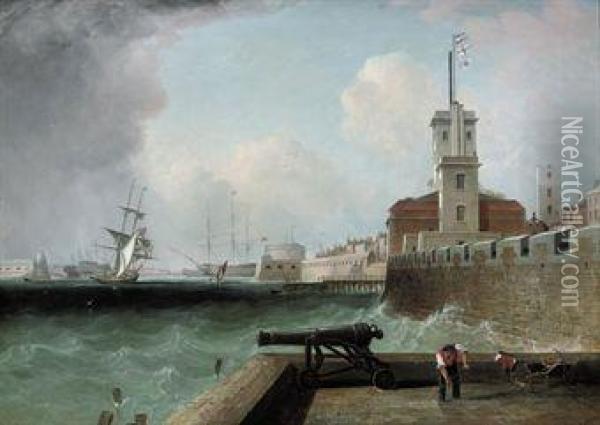 High Tide Below The Battery, Portsmouth Harbour Oil Painting - John Lynn