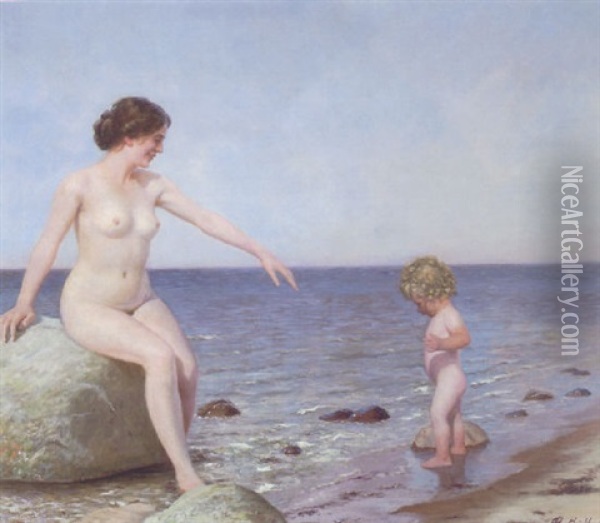 Mother And Child At The Beach Oil Painting - Adolf Heinrich Claus Hansen