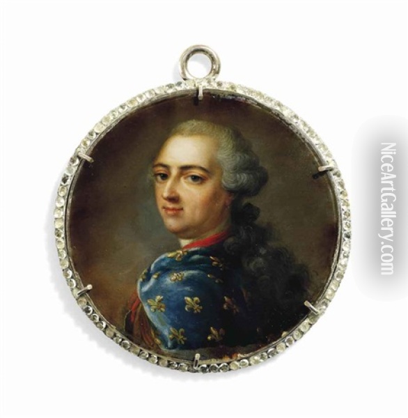 Louis Xv (1710-1774), King Of France, In Gilt-bordered Armour, Wearing A Blue Cloak Decorated With Gold Fleur-de-lys Oil Painting - Armand Vincent de Montpetit