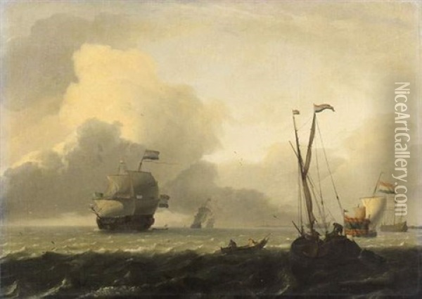 Navire Hollandais Et Bateaux De Pecheur Pres De La Cote Oil Painting - Ludolf Backhuysen the Elder