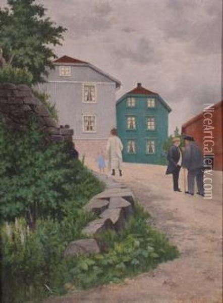 Bylandskap Med Mennesker Oil Painting - Ola Geelmuyden