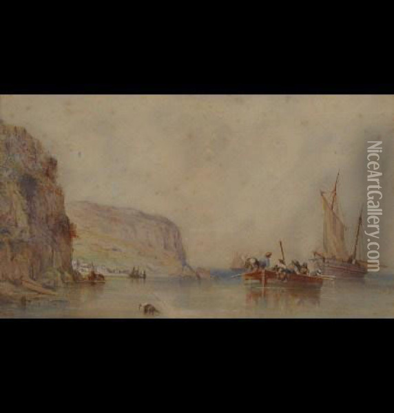 Coastal Scene With Fishermen In The Water Oil Painting - Charles Bentley