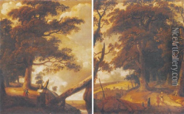 A Wooded Landscape With Travellers On A Path, Cottages Beyond Oil Painting - Jan Looten