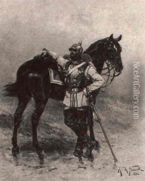 A Soldier And His Horse Oil Painting - Alphonse Marie de Neuville