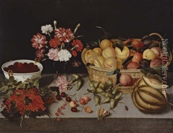 A Basket Of Peaches And Plums, Carnations In A Vase, A Bowl Of Blackberries, A Melon, Cherries, Hazelnuts And Red Currants On A Table Ledge Oil Painting - Pieter Binoit