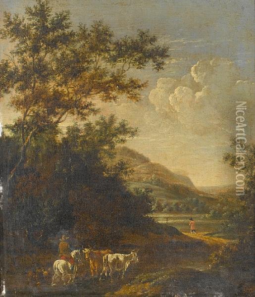 An Italianate Landscape With Cattle On Atrack Oil Painting - Jan Gabrielsz. Sonje