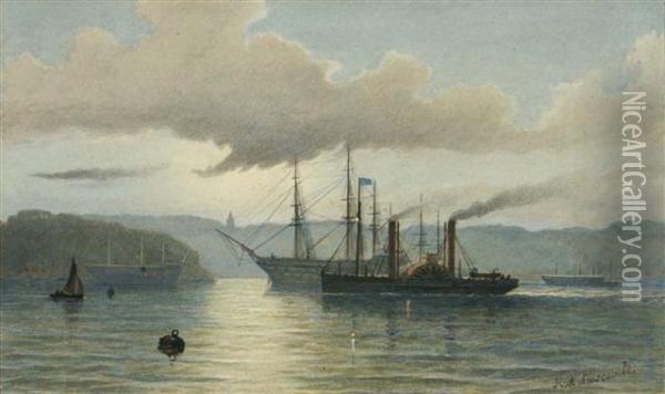 A Paddle Steamer And Further Shipping At Sunset Oil Painting - Henry A. Luscombe