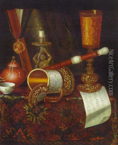 An Upturned Tankard, A Candlestick, A Book, A Medal, A Teapot, A Porcelain Bowl, A Recorder And A Sheet Of Music Oil Painting - Pieter Gerritsz van Roestraten