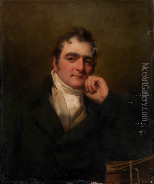 Portrait Of Architect James Gillespie Graham, In A Dark Green Coat And A White Neckerchief Resting His Left Elbow On A Book Oil Painting - Sir Henry Raeburn