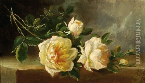 A Branch With White Roses (+ A Branch With Pink Roses; 2 Works) Oil Painting - Henri Gauchois