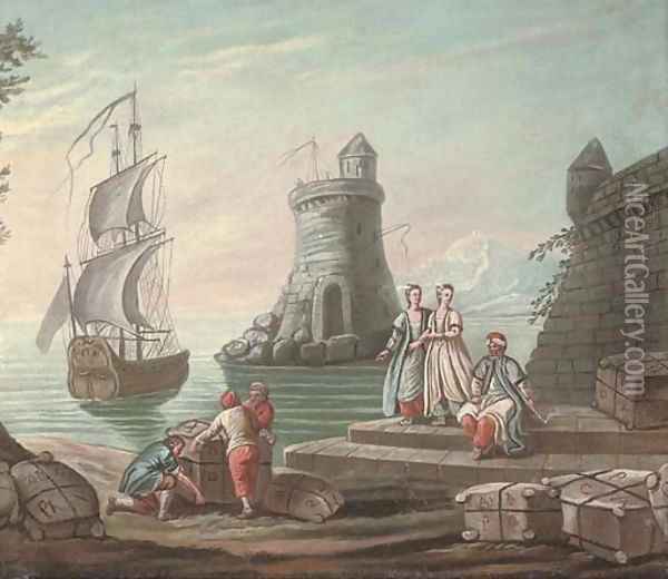 A Mediterranean harbour with elegant figures and fishermen by the quay, a ship and a lighthouse beyond Oil Painting - Abraham Storck
