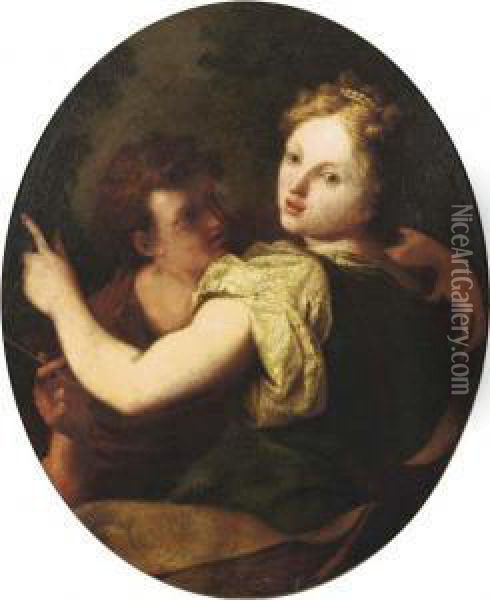 Angelica And Medoro, In A Painted Oval Oil Painting - Antonio Bellucci