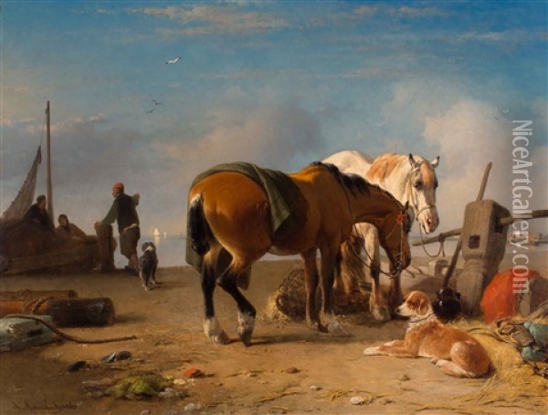 Resting Horses And Dog On A Bank Of The Scheldt Oil Painting - Joseph Jodocus Moerenhout