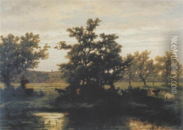 Teichlandschaft Mit Bauer Und Kuhen Oil Painting - Jean Pierre Francois Lamoriniere