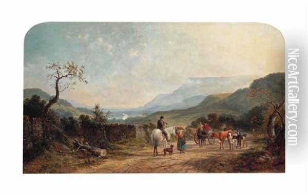 Travellers On A Beaten Track, An Extensive Landscape Beyond Oil Painting - Edmund John Niemann