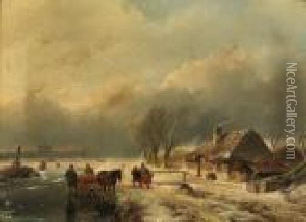 A Winter Landscape With A Horse-drawn Sledge On A Frozenwaterway Oil Painting - Andreas Schelfhout
