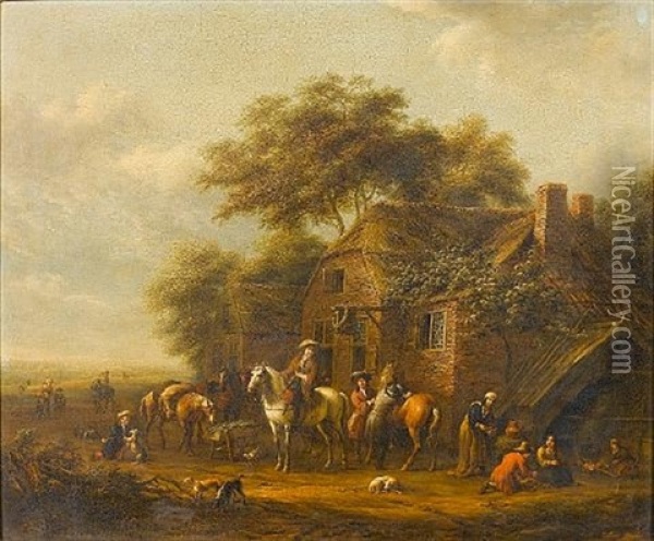 Huntsmen And Their Dogs Outside A Country Inn Oil Painting - Barend Gael