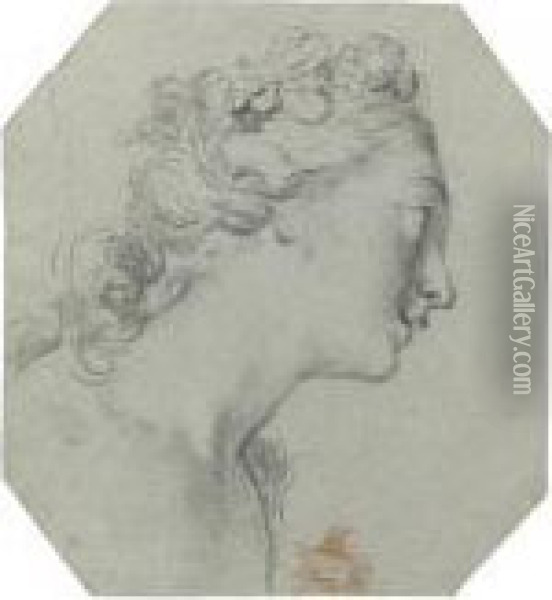 Recto: Head Of A Girl, Turned In
 Profile To The Right; Verso: Half-length Study Of A Nude Girl, Seen 
From Behind And Turned To The Left Oil Painting - Francois Lemoine (see Lemoyne)