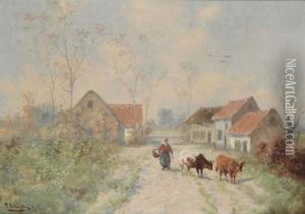 Farmer's Wife With Cows On A Country Road Oil Painting - Paul Henry Schouten