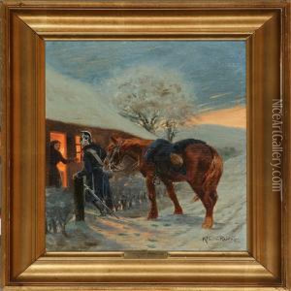 A Dragoonsearching For Shelter In The Cold Winter Evening Oil Painting - Karl Frederik Hansen-Reistrup