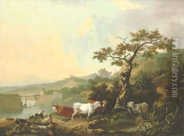 A river landscape with livestock and a rustic couple, a wagon on the road beyond Oil Painting - Philip Reinagle