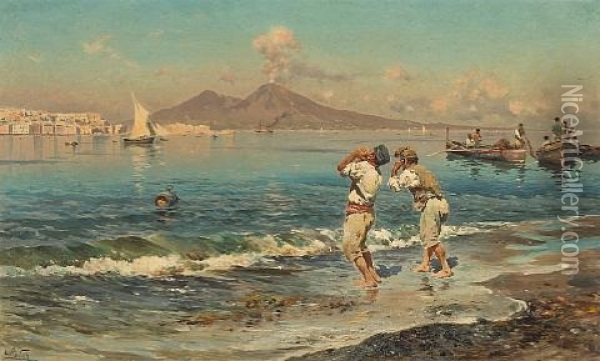 A View Of The Bay Of Naples With Fishermen In The Foreground Oil Painting - Antonino Leto