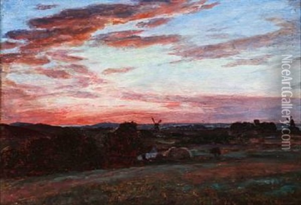 Sunset Over Naestved With Skamstrup Mill In The Background, Denmark Oil Painting - Viggo Pedersen