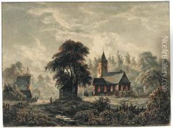 A Church In Moonlight With Figures By The Entrance Oil Painting - Jacobus Theodorus Abels