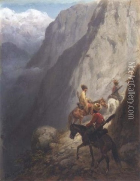 Mounted Cossacks In The Mountains Oil Painting - Konstantin Nikolaevich Filippov