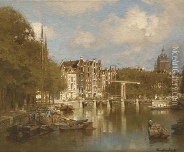 The Waals Eilandsgracht With The St. Nicolaas Church Beyond,amsterdam Oil Painting - Johannes Christiaan Karel Klinkenberg
