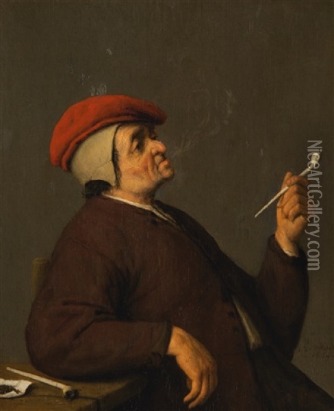 A Seated Peasant Smoking A Pipe Oil Painting - Adriaen Jansz van Ostade
