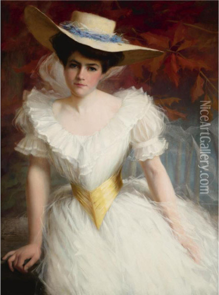 Elegant Lady With Straw Hat Oil Painting - Ernest Castelein