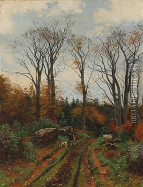 Forest Scene With Hunter And Dog Oil Painting - Carl Milton Jensen