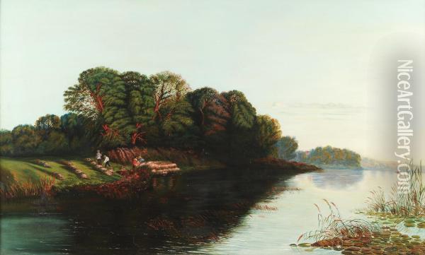 River Scene With Rush Cutters On The Bank Oil Painting - Allan Keith