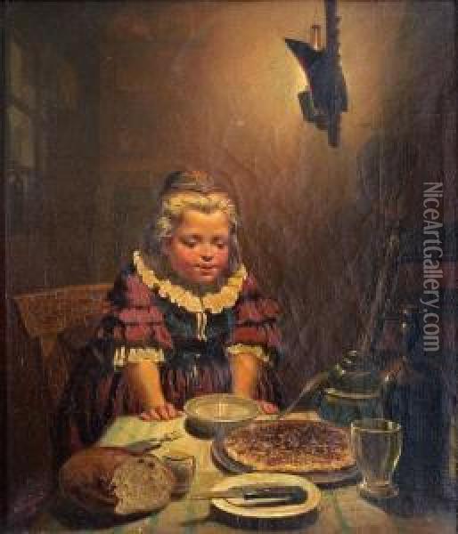 Kleines Madchen An Gedecktem Tisch Oil Painting - Louis Toussaint