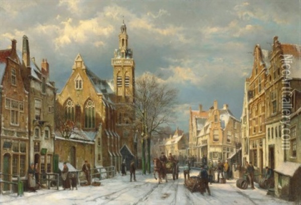 A Winter's Day In A Sunlit Street Oil Painting - Willem Koekkoek