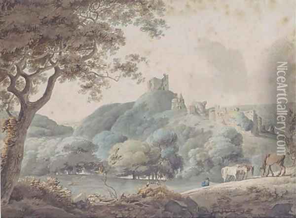 Horses grazing in a rural landscape with castle ruins beyond Oil Painting - William Payne