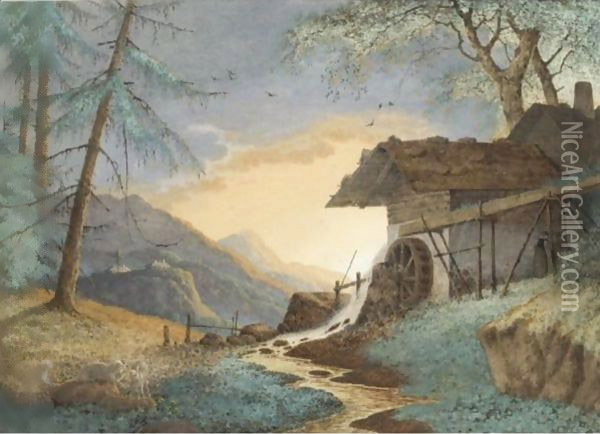 A Watermill In An Alpine Landscape Oil Painting - Hendrik Johannes Knip