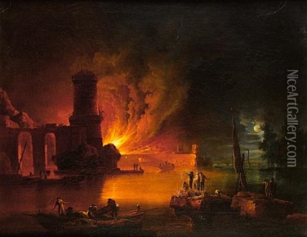 A Capriccio Of A Moonlit Mediterranean Harbor With A Coastal Tower And Figures On A Quayside Watching A Town Fire Oil Painting - Francesco Fidanza