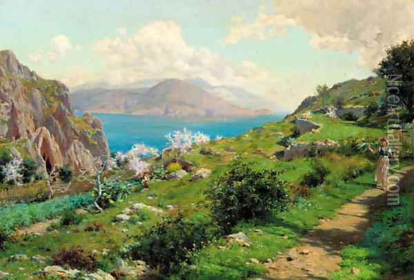 Farmgirls walking on the cliff tops, Capri Oil Painting - Augusto Lovatti