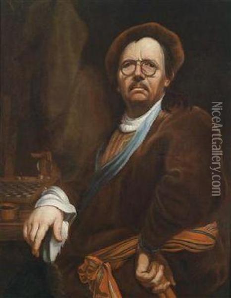 Self-portrait With A Chessboard Oil Painting - Johann Kupetzki