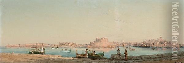 The Three Cities From Valletta, Malta Oil Painting - Luigi Maria Galea