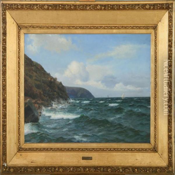 Marine With Sailingship By Rocky Coast Oil Painting - Holger Peter Svane Lubbers