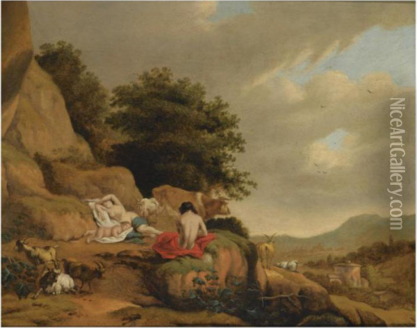 An Arcadian Landscape With A 
Shepherd Guarding A Sleeping Nymph Andputto, Together With His Goats And
 Cow Oil Painting - Cornelis Van Poelenburch