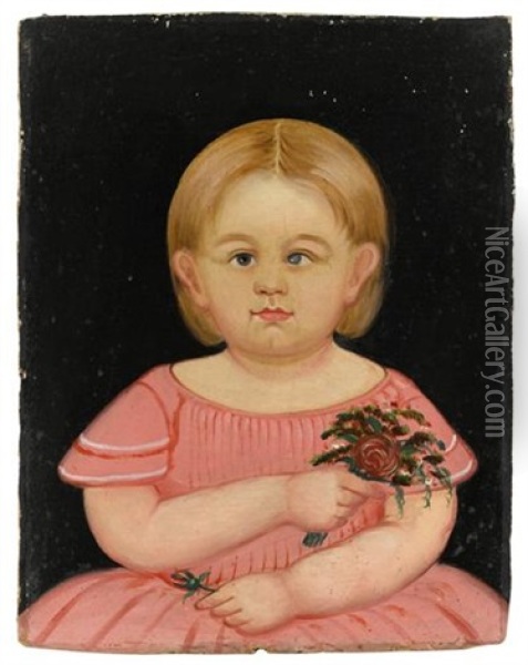 Portrait Of A Little Girl In Pink Holding Bouquet Oil Painting - William Kennedy